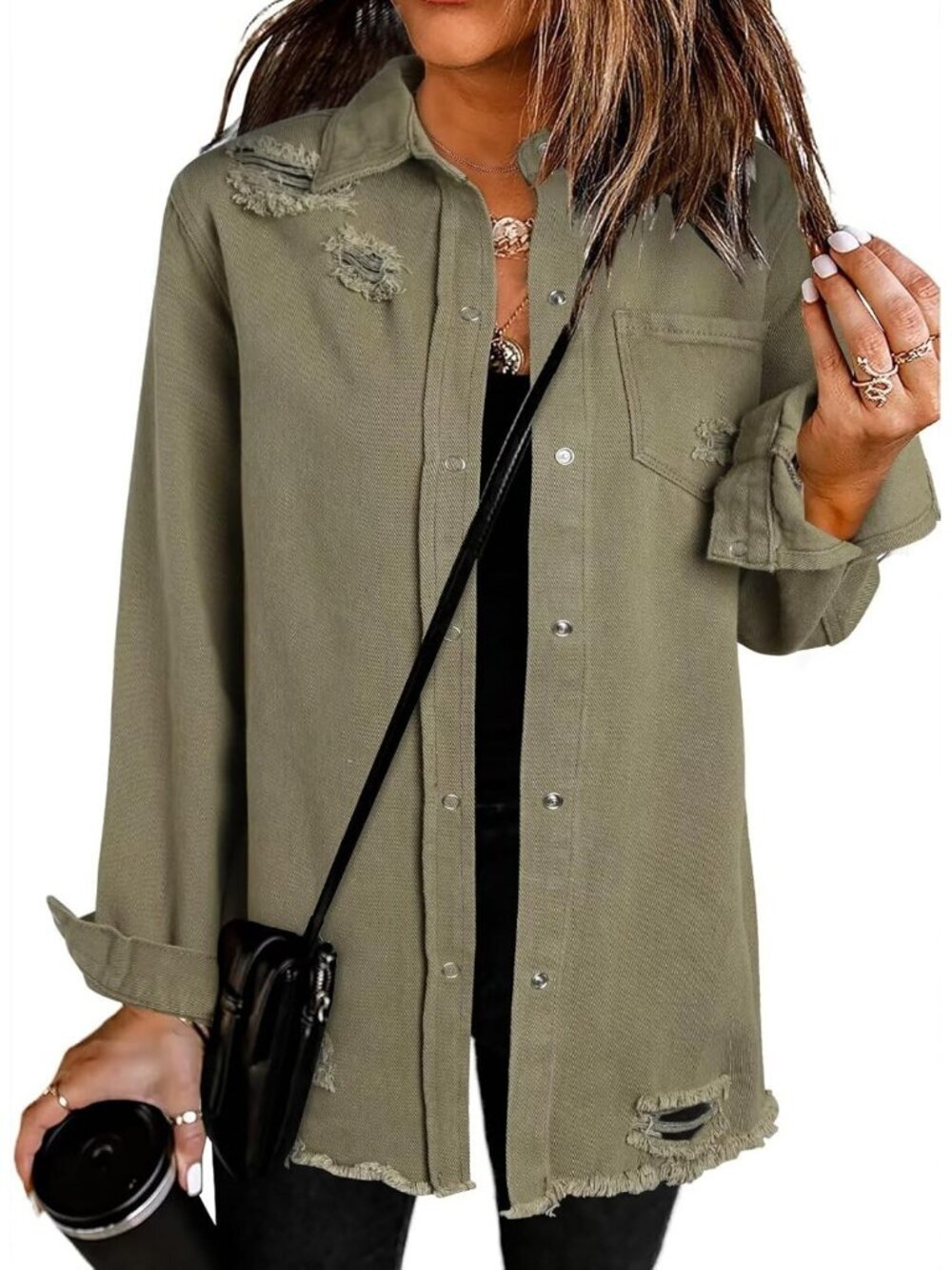 Women's Oversized Denim Jacket Long Sleeve Denim Shirt Jean Jacket A1 Khaki
